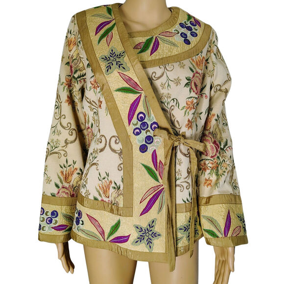 Metallic Thread Custom Beige Quilt Patchwork Floral Kimono Embroidered Size Sm - Picture 1 of 8